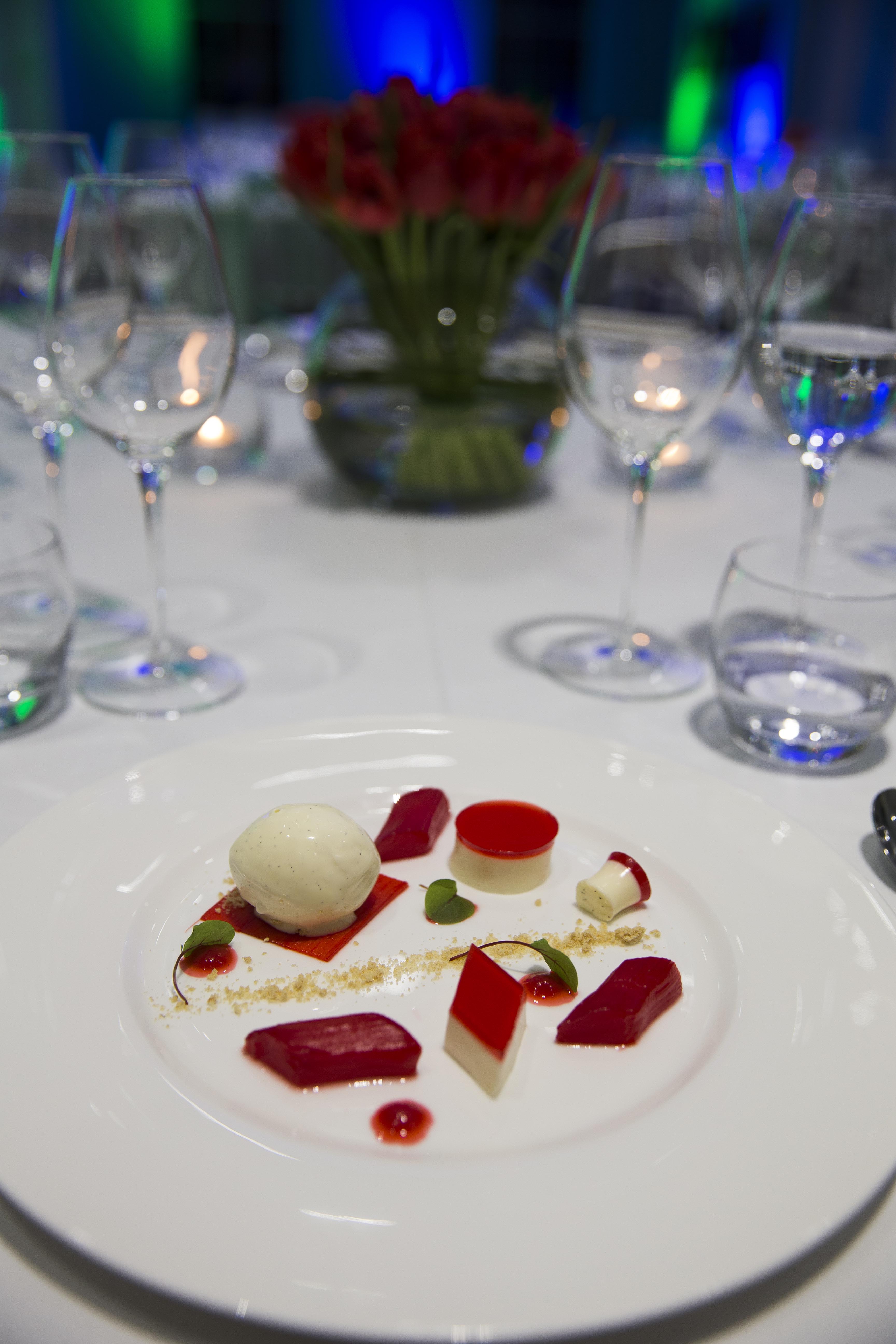 Elegant dessert at Michael Bishop Foundation event in Prince Philip House, showcasing fine dining.