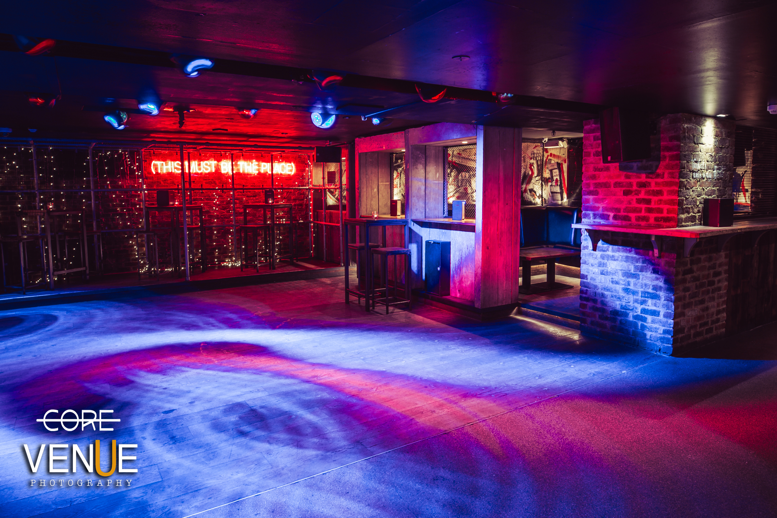 Modern industrial event space in Core Bar, ideal for corporate gatherings and private parties.