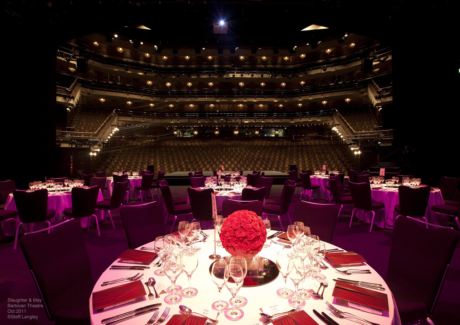 Elegant banquet setup at Barbican Hall for upscale galas and corporate events.