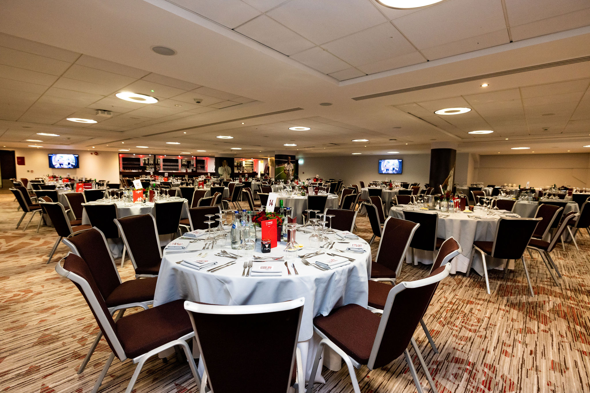 Nightingale Suite at Allianz Stadium, Twickenham, set for a banquet event.