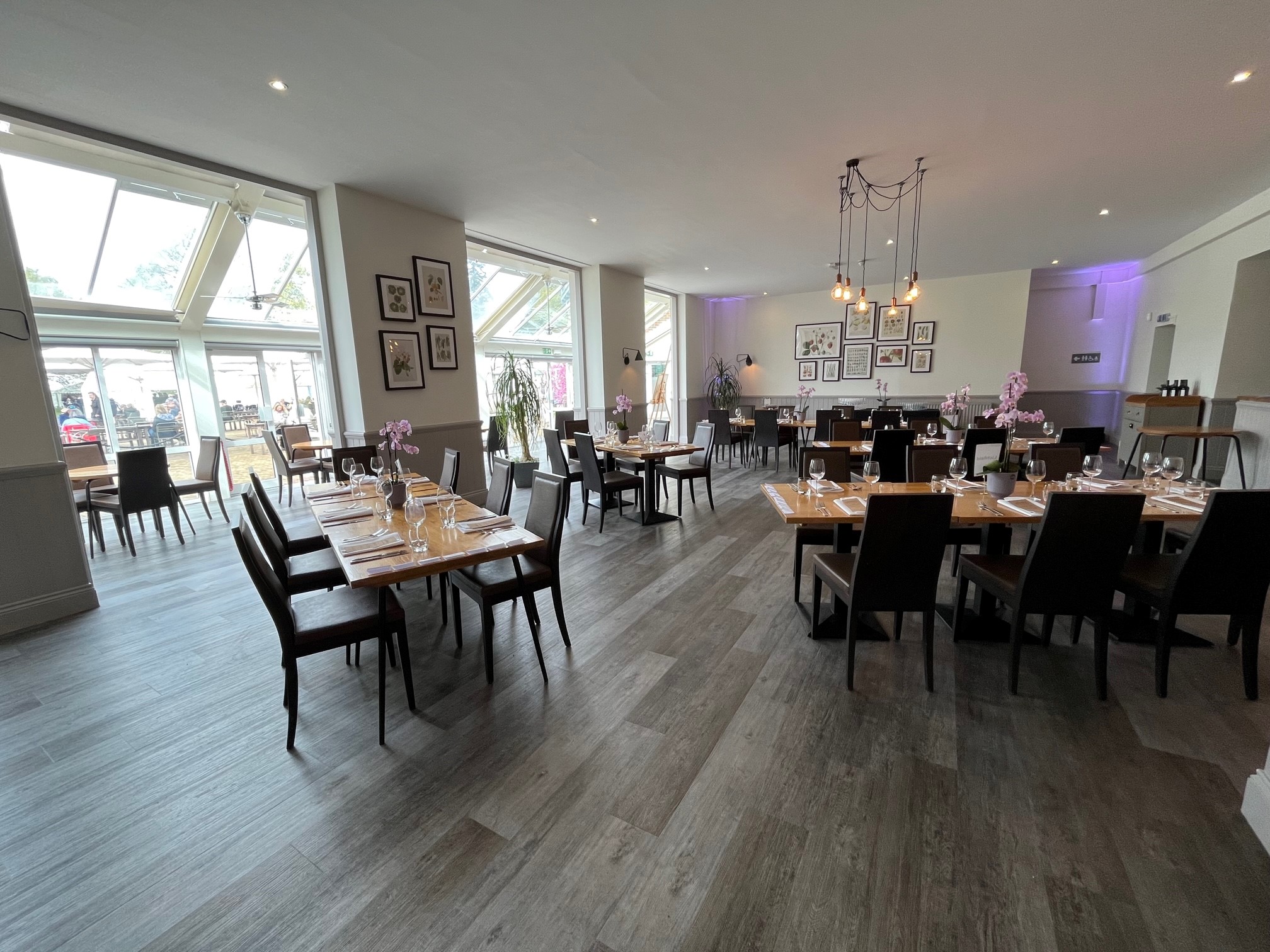 Tulip Tree Room at RHS Garden Wisley, elegant dining setup for corporate events and celebrations.