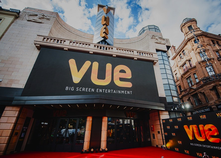 Vue West End cinema screens, vibrant architecture, ideal for events and premieres. - Banner