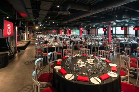 Carlsberg Dugout at Liverpool FC, elegant dinner setup for corporate events. - Banner