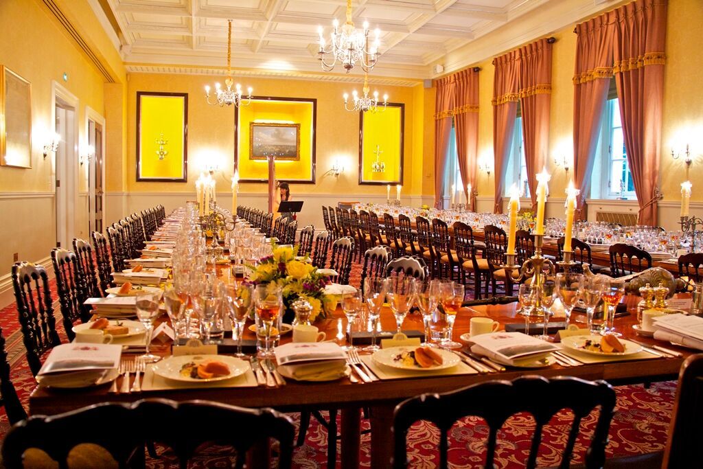 Elegant banquet hall at Pewterers' Hall, ideal for corporate dinners and gala events.