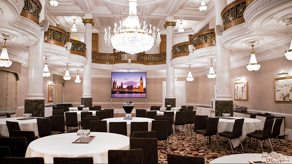 Crystal Ballroom at St Ermin’s Hotel, elegant chandeliers, ideal for corporate events.