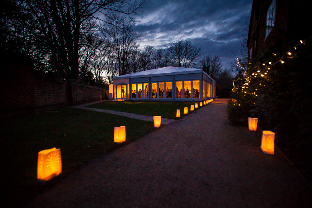 Illuminated event space at Fulham Palace, ideal for weddings and corporate gatherings.