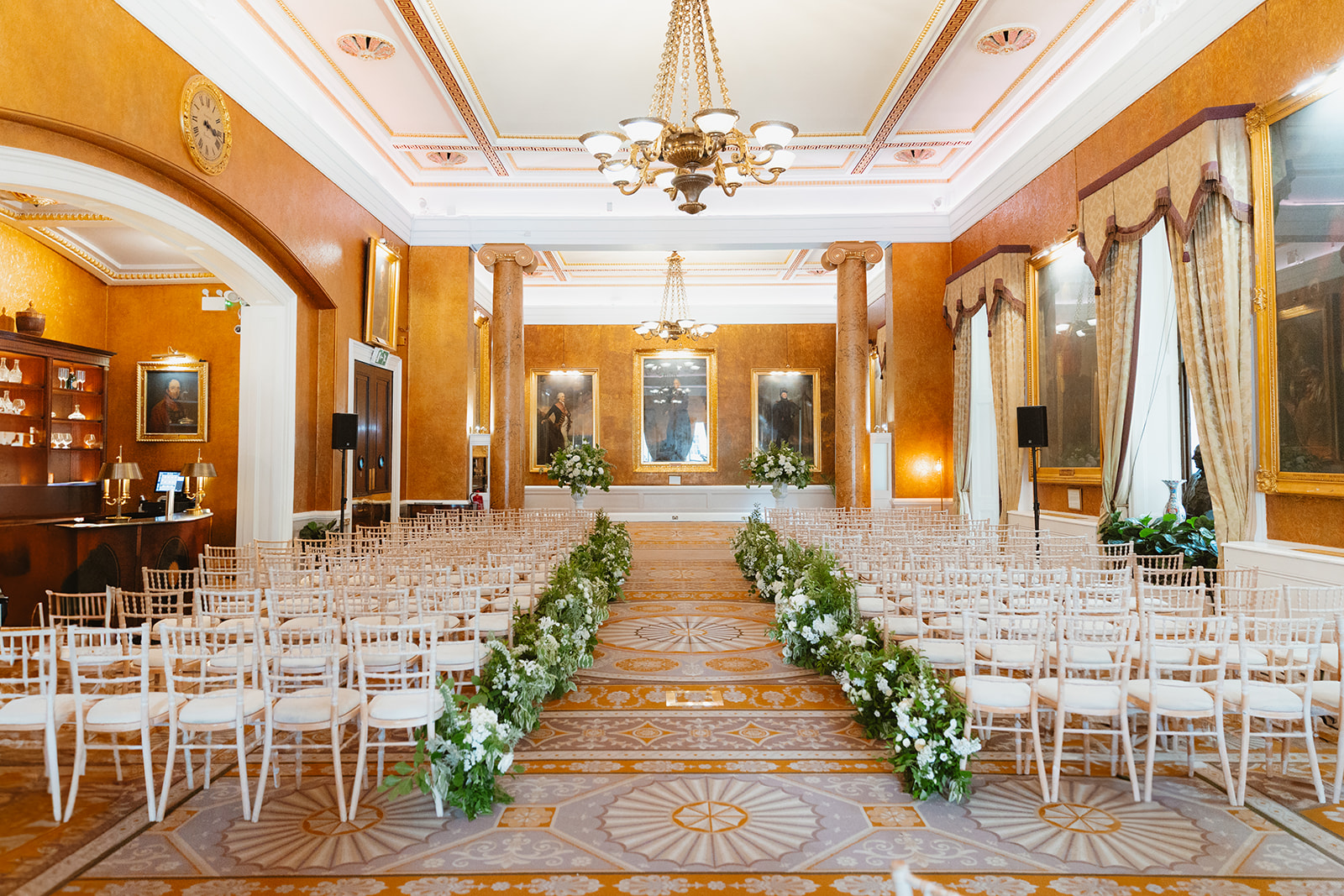 Carlton Room wedding ceremony, elegant ballroom, floral decor