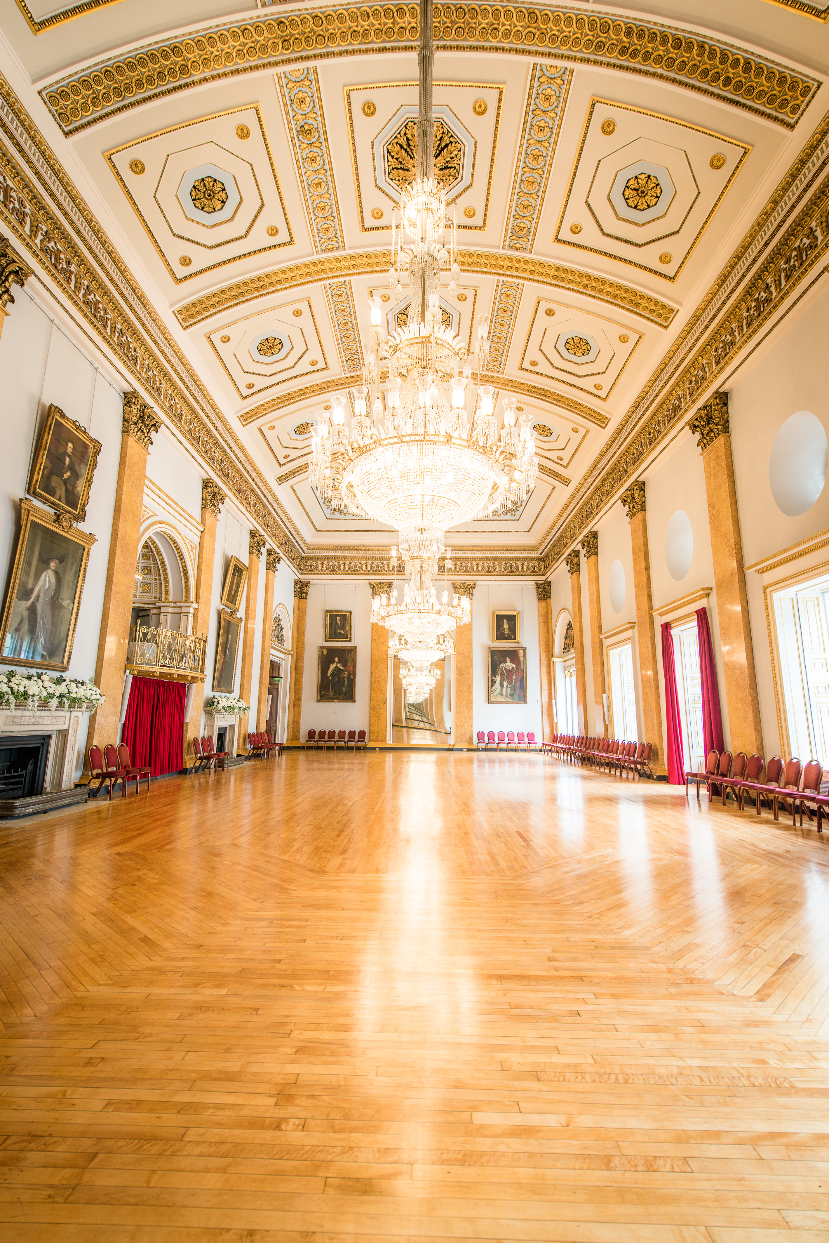 Elegant Main Ballroom in Liverpool Town Hall with ornate chandeliers, perfect for receptions.