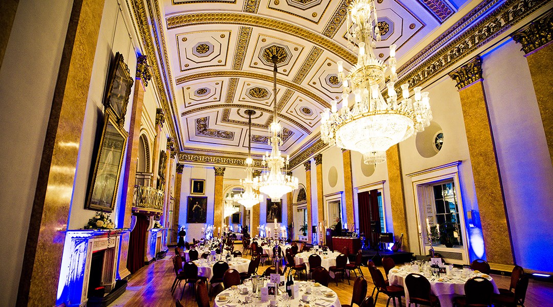 Elegant Main Ballroom in Liverpool Town Hall, ideal for formal dinners and corporate events.
