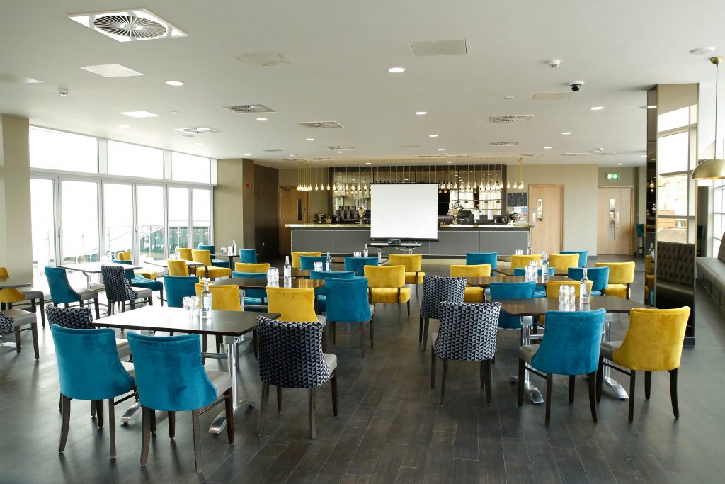 Modern event space in Leicester Tigers Stadium, ideal for meetings and gatherings.