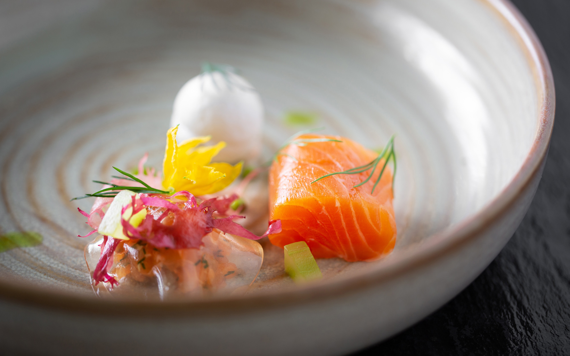 Upscale salmon dish at Sequoia, Rockliffe Hall for elegant catering events.