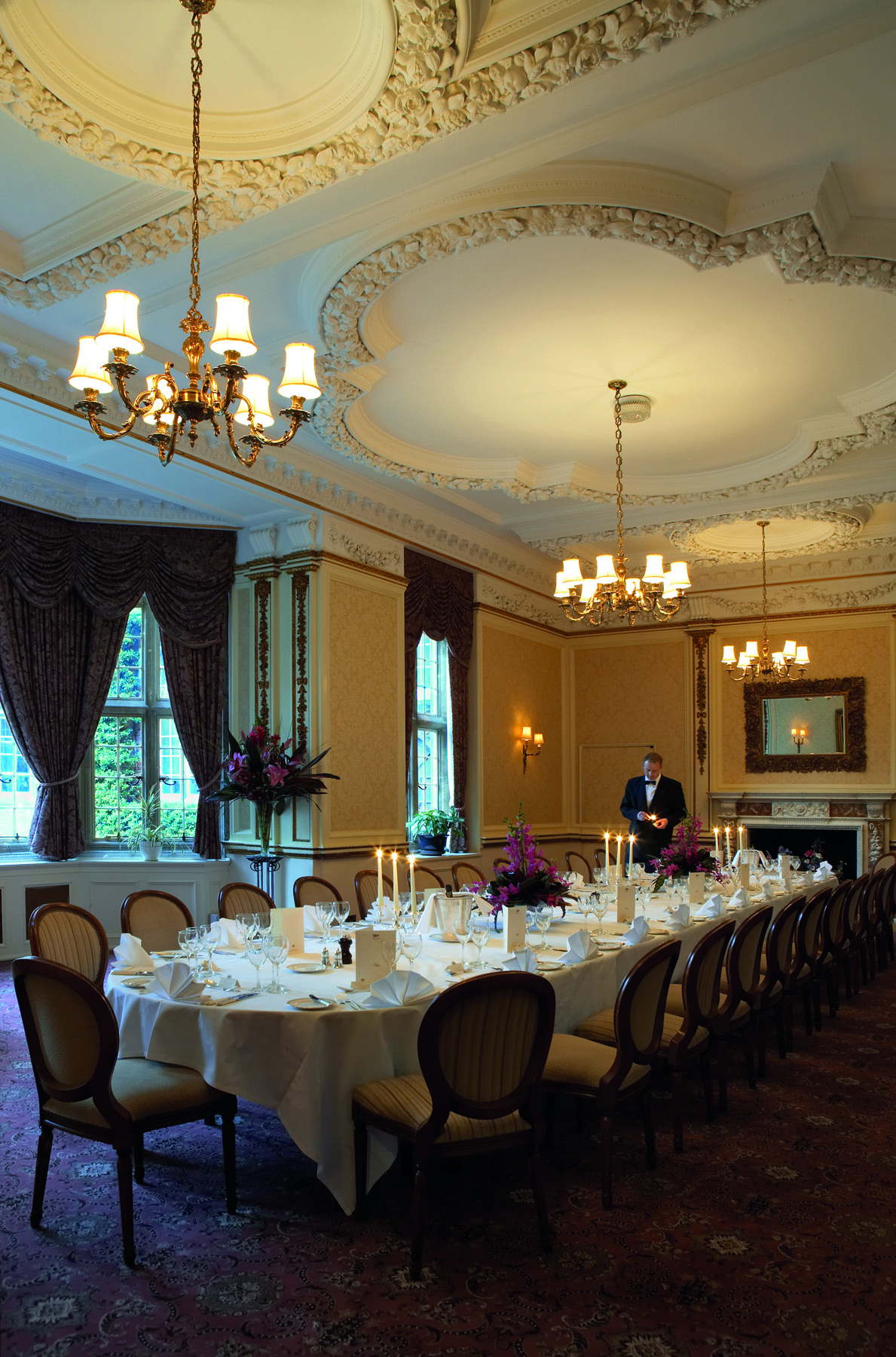Elegant dining room at Tylney Hall, perfect for corporate dinners and formal events.