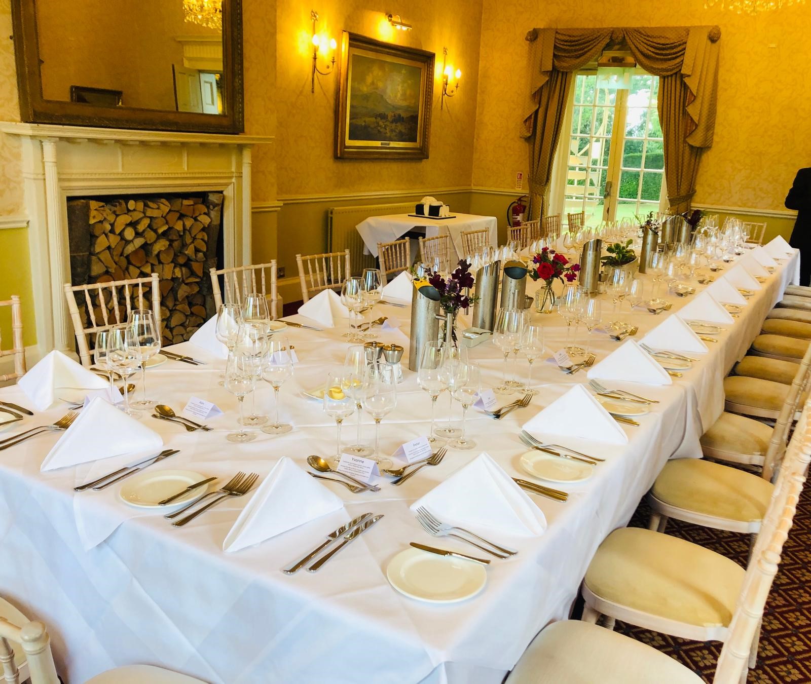 Elegant dining table setup at The Elms Hotel for banquets and corporate events.