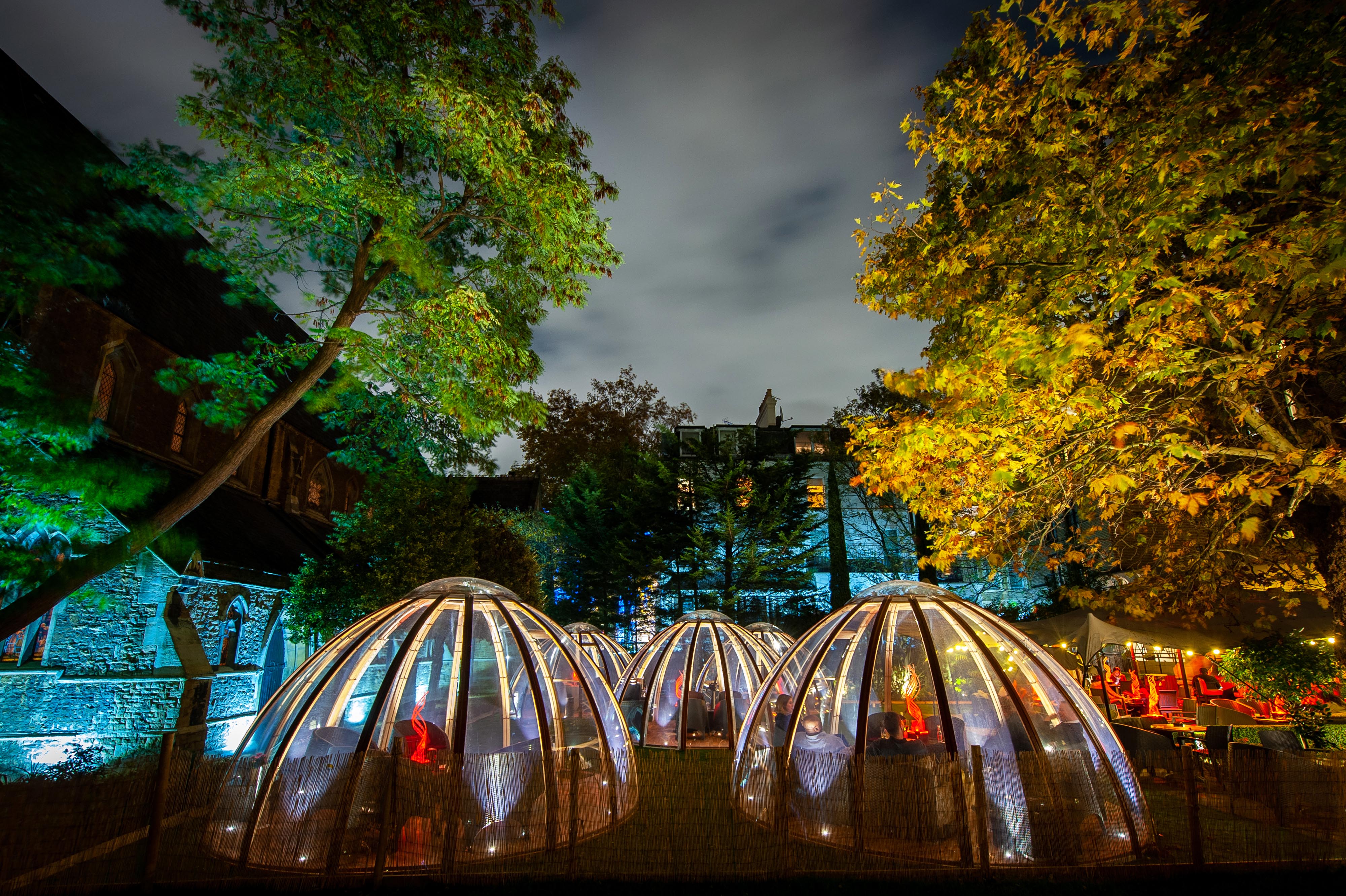 Illuminated geodesic domes in a lush outdoor event space for gatherings and dinners.