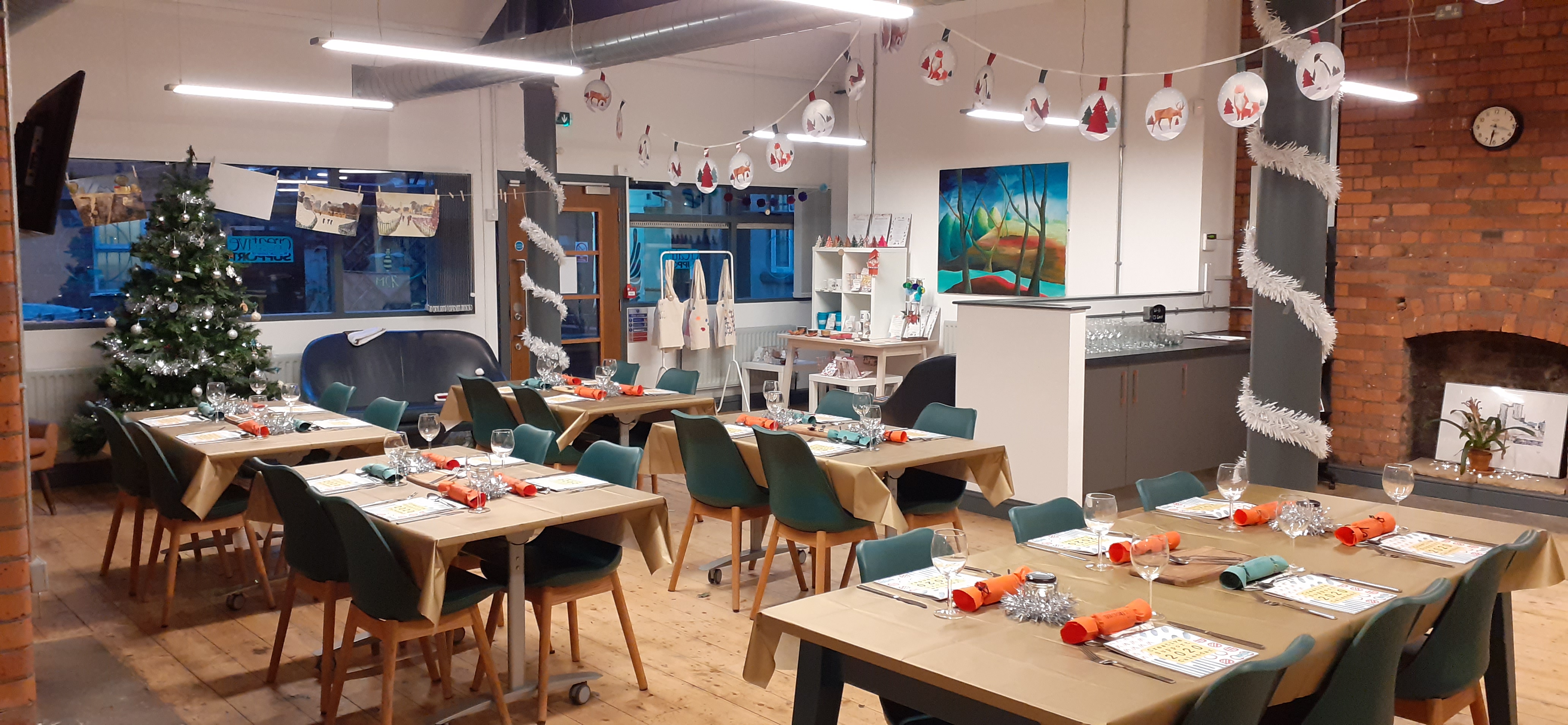 Festive event space with colorful decor for holiday parties and corporate gatherings.