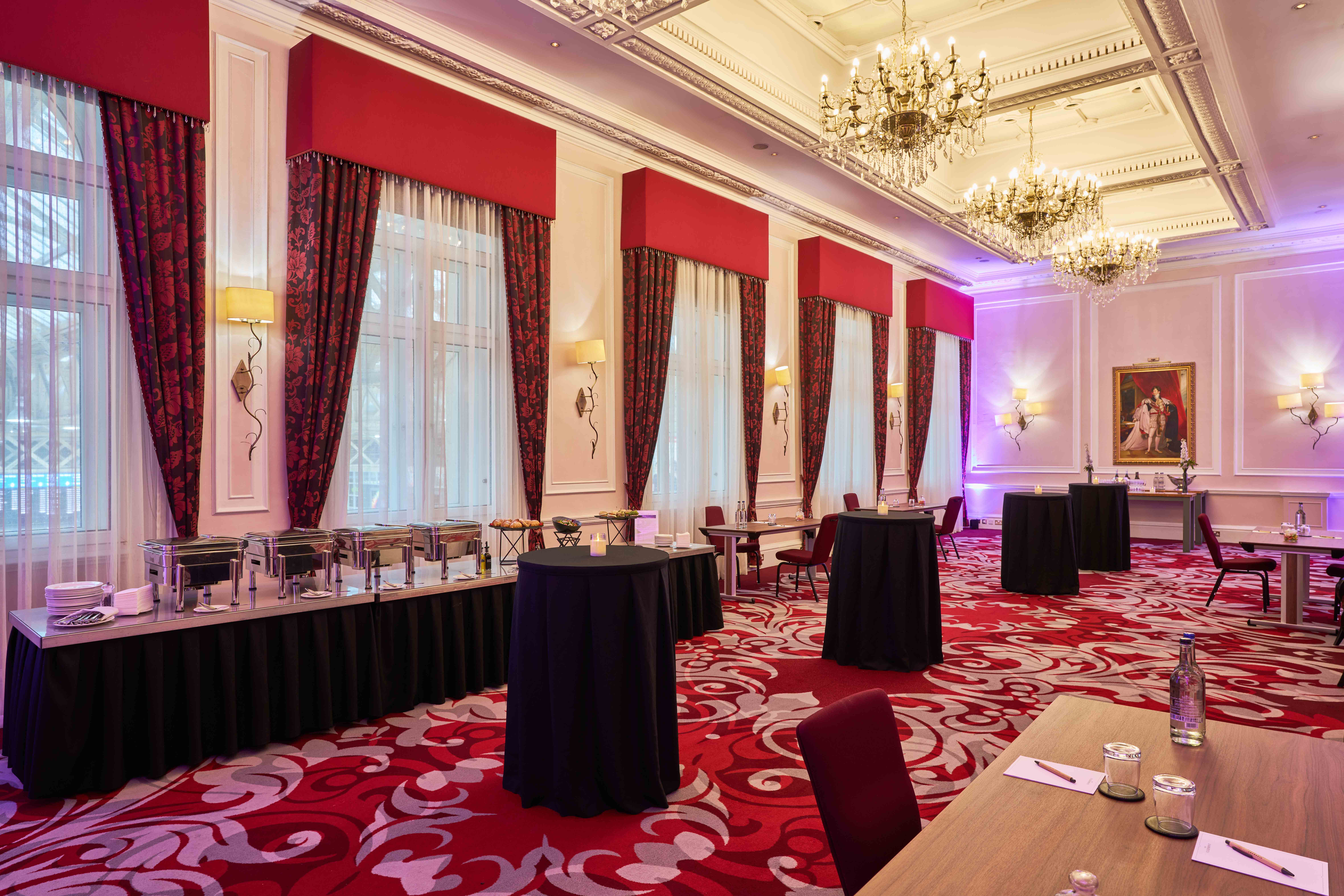 Regency function room at The Clermont with chandeliers for networking events and corporate meetings.