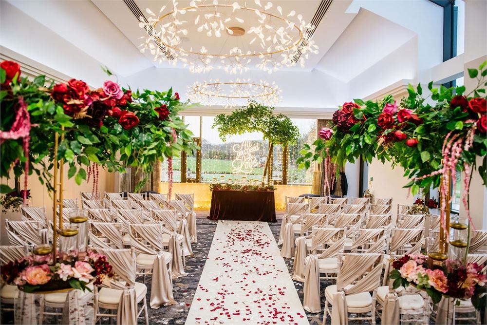 Lakeside Suite wedding setup with elegant flowers and romantic ambiance at Crow Wood Hotel.