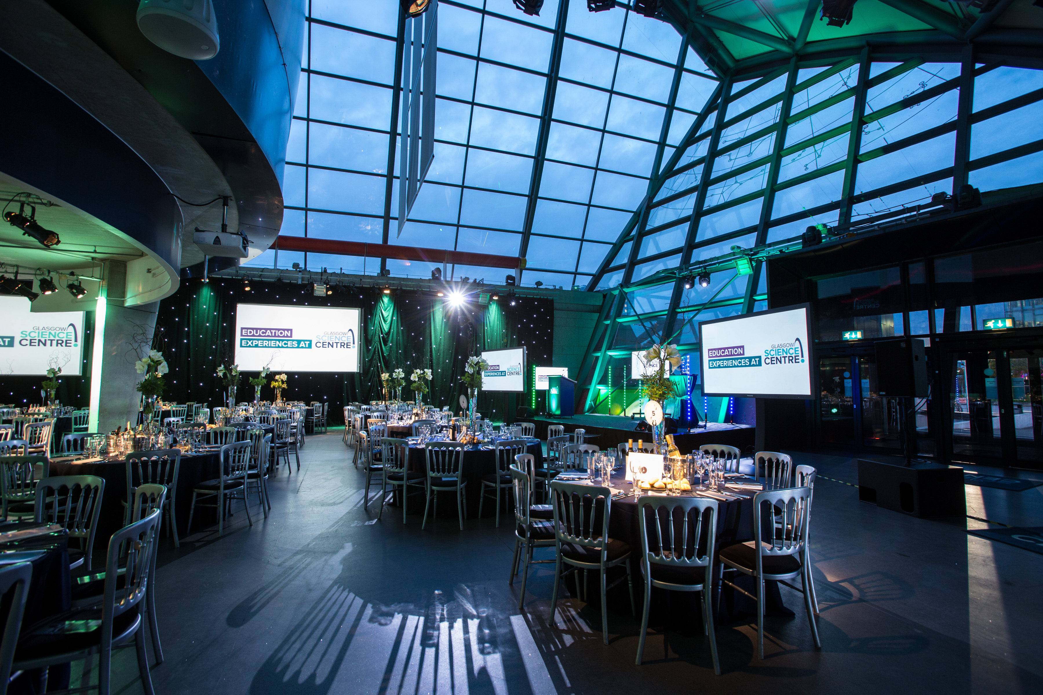 Atrium at Glasgow Science Centre: elegant event space for corporate gatherings and galas.