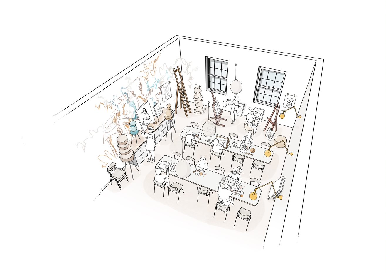 Art studio meeting space with long table, whimsical decor for workshops and brainstorming.