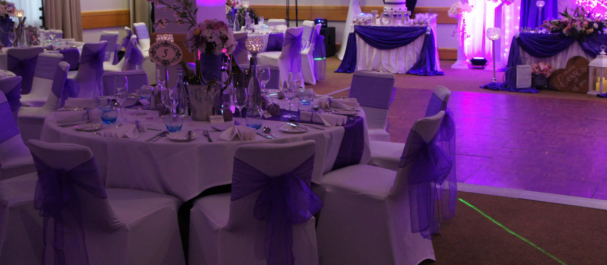 Victoria Suite at Novotel Bristol Centre, elegant wedding event space with purple accents.