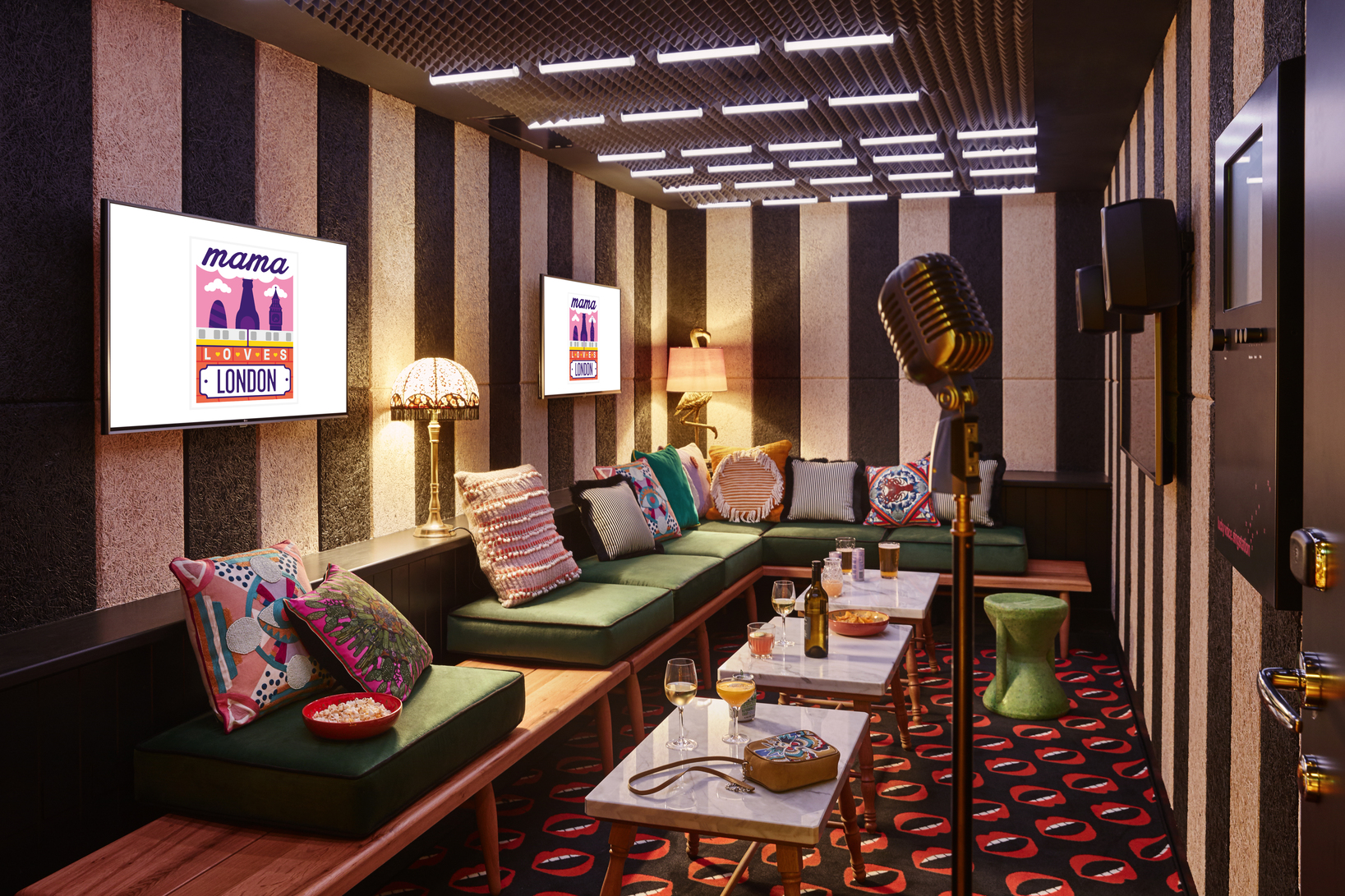 Private Karaoke room in Mama Shelter London, cozy seating for intimate events and gatherings.