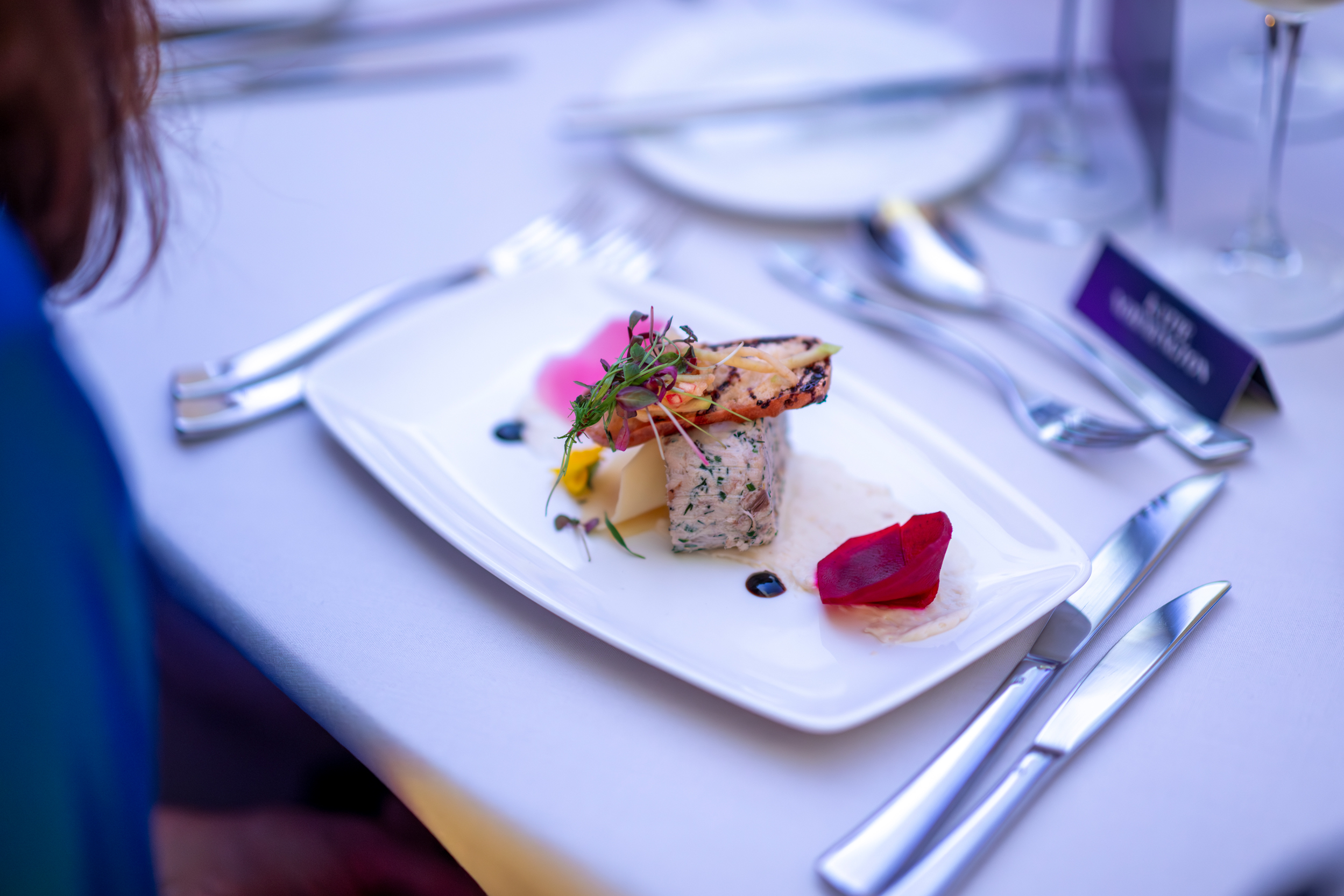 Gourmet dish at Woburn Suite, University of London for upscale corporate events.