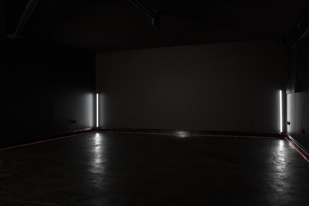 Minimalist event space in Blackout studio with dim lighting for intimate gatherings.
