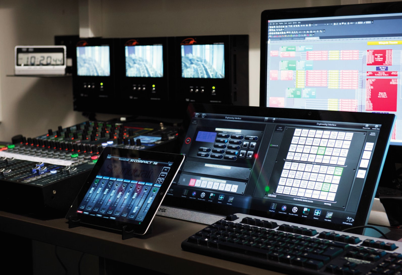 High-tech control room in Naim Dangoor Auditorium for seamless event production.