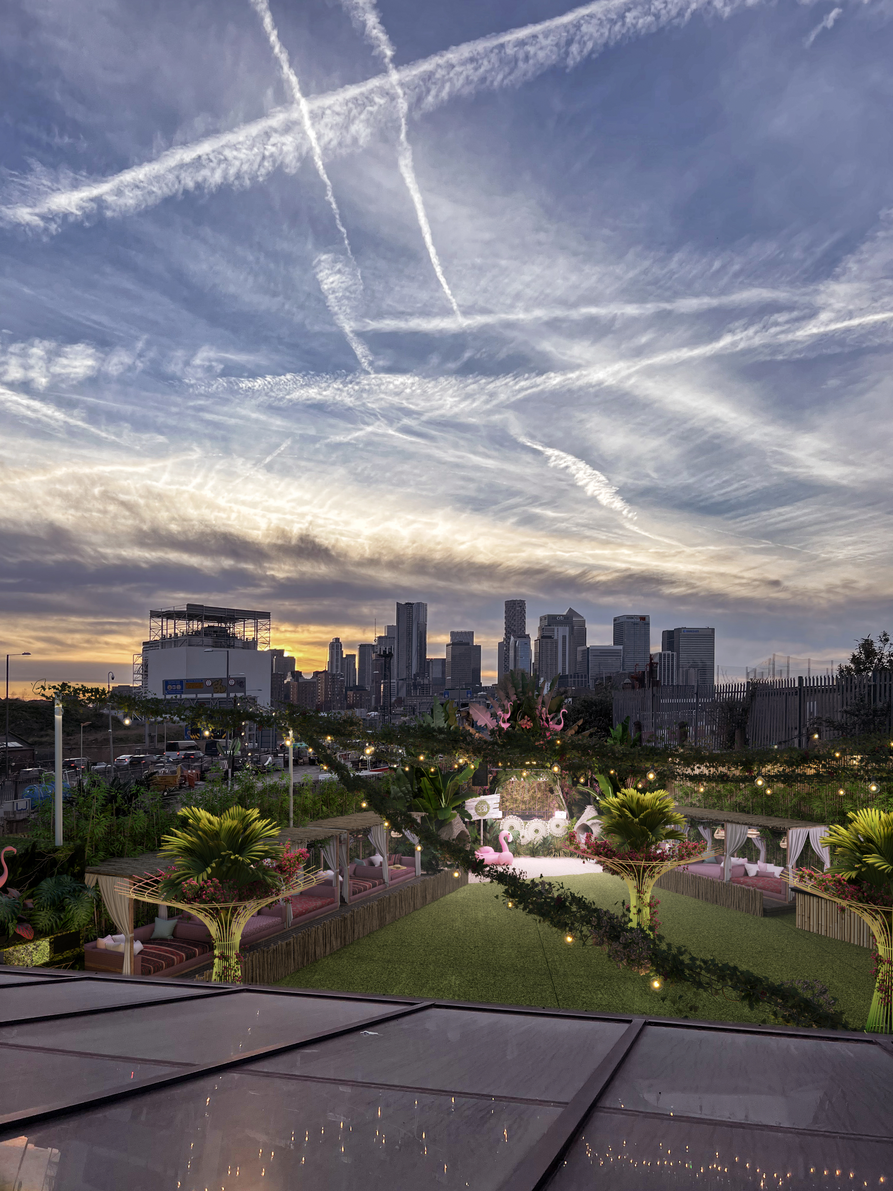 Outdoor event space at Studio 338 with skyline sunset, ideal for upscale gatherings.