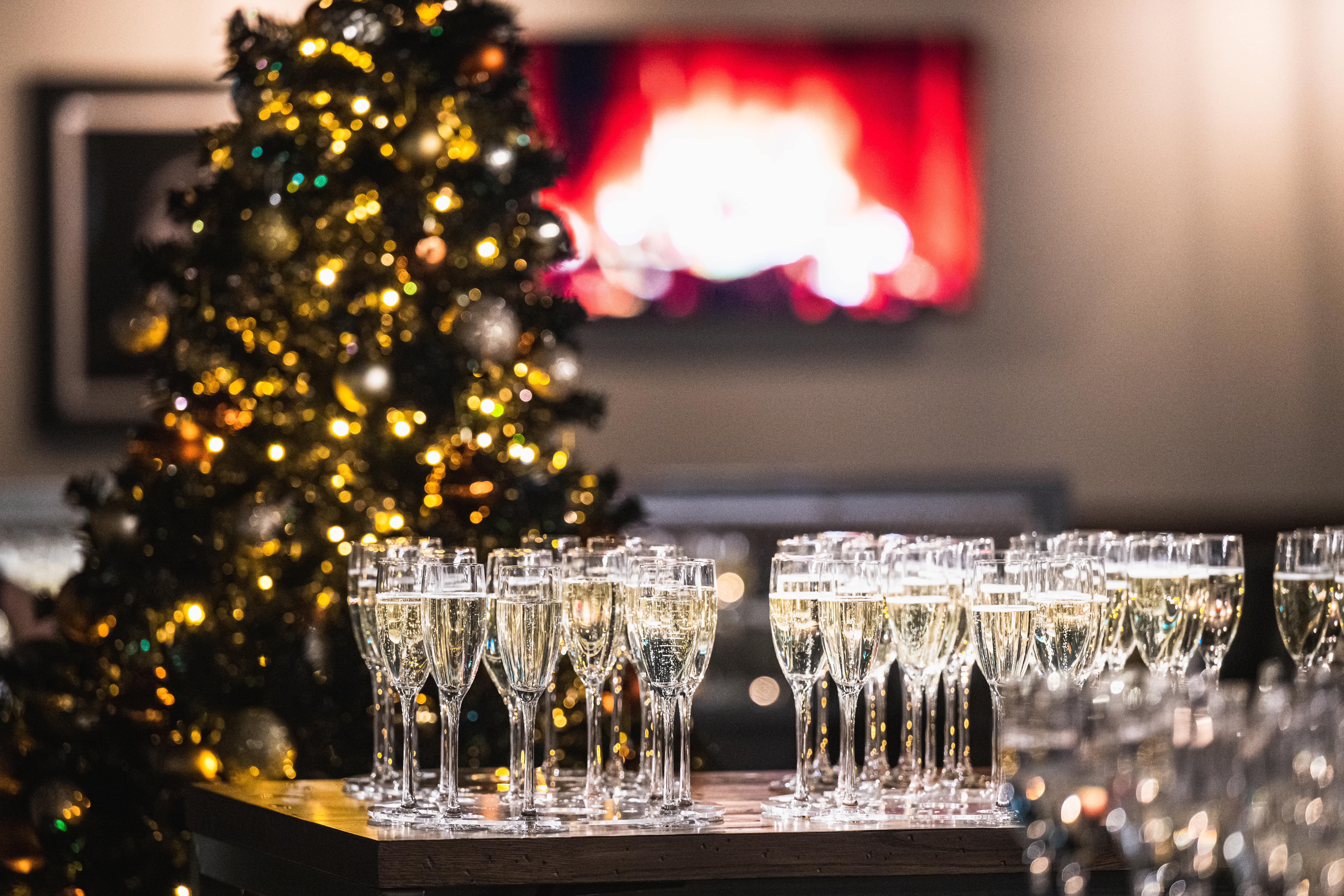 Christmas party setup with champagne flutes at Allianz Stadium, Twickenham.