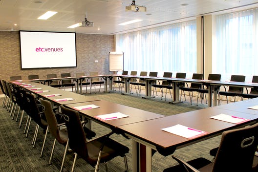 Meeting room at etc.venues Fenchurch Street with U-shaped table for professional events.