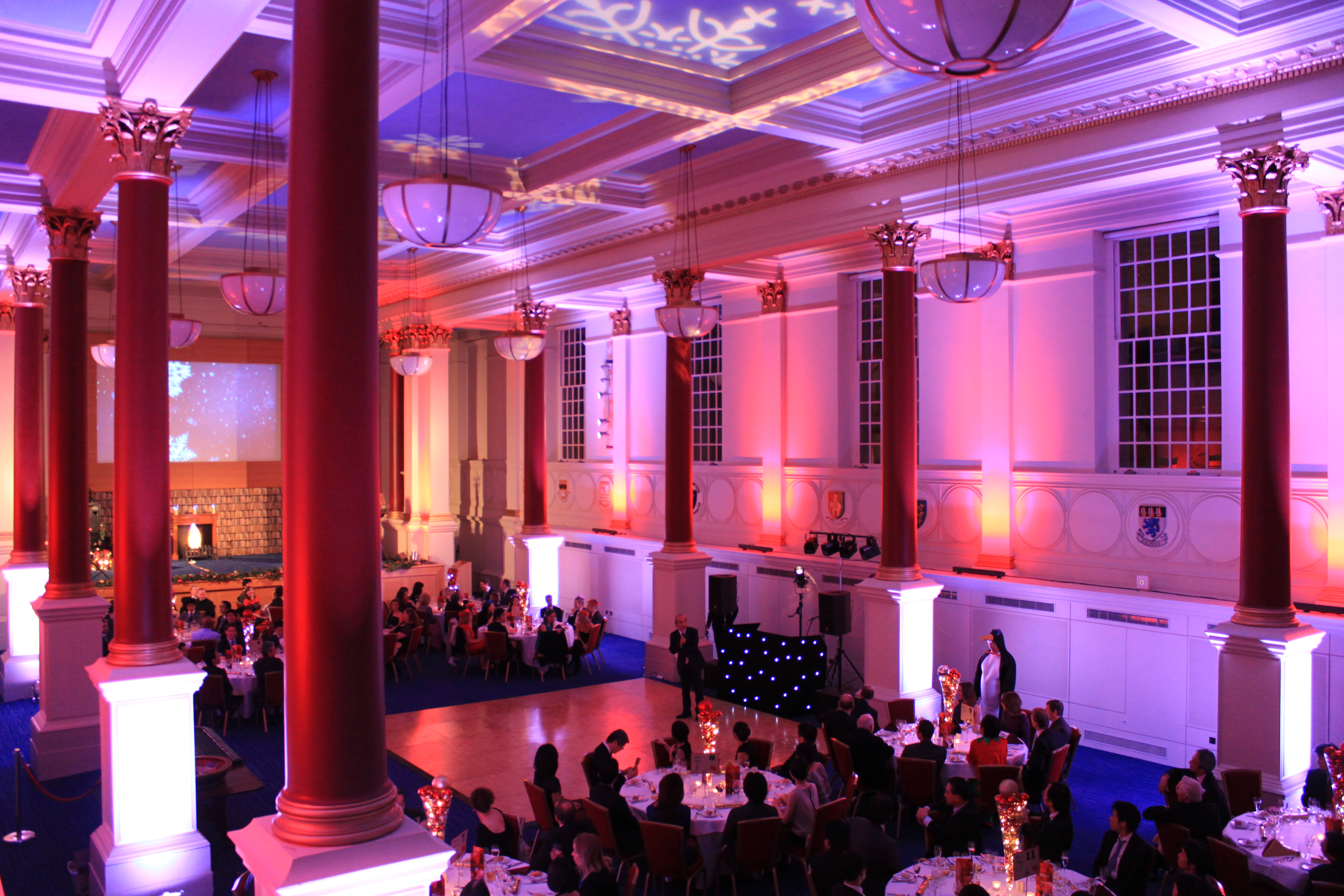 Christmas party at BMA House with elegant columns and festive ambiance for gala events.