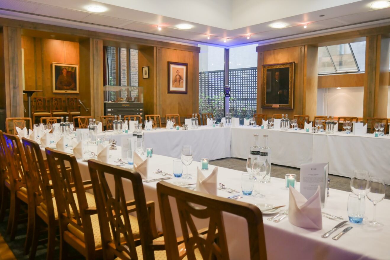 ENT Room at 1 Wimpole Street, elegant tables set for corporate meetings and upscale dinners.