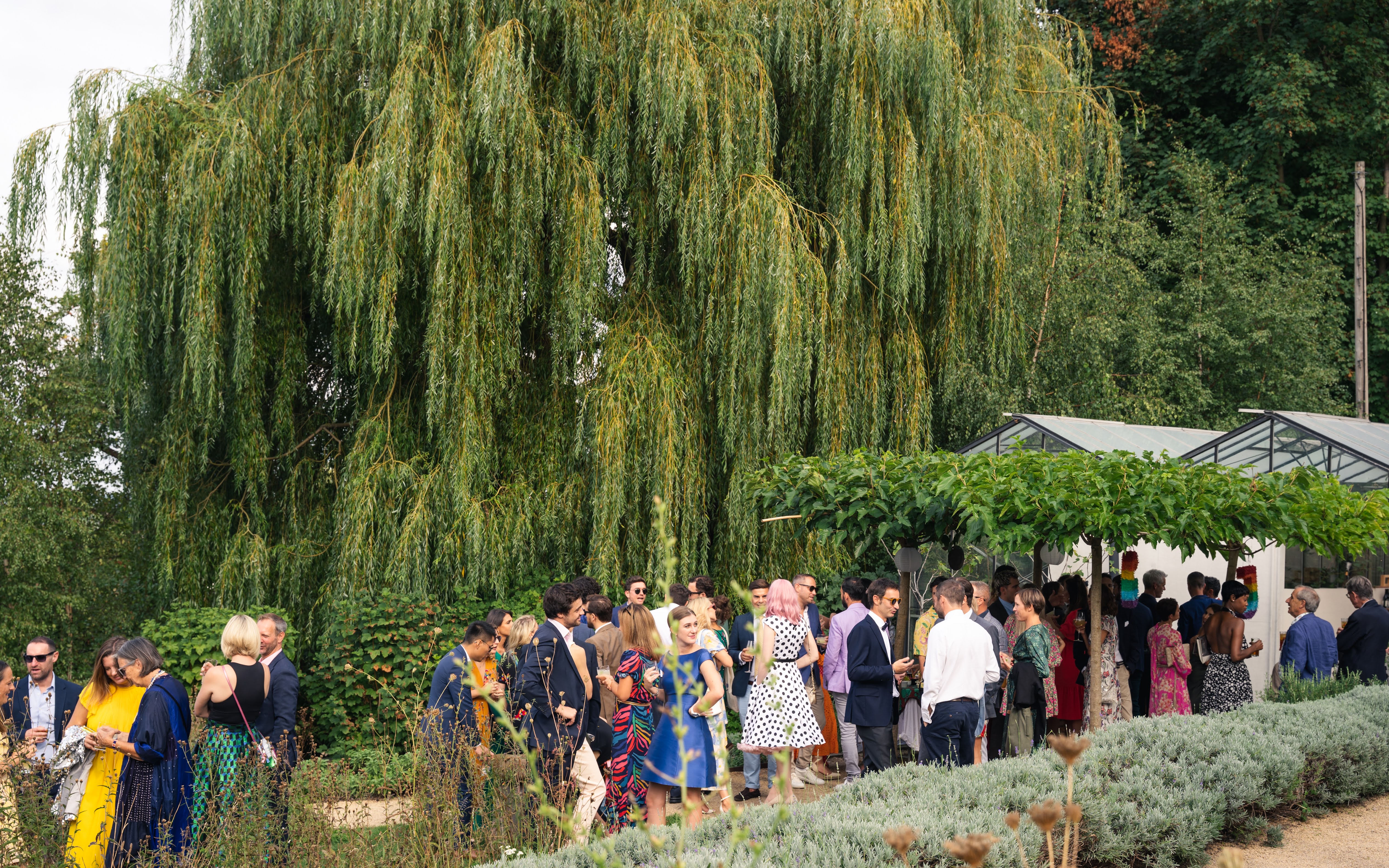 Vibrant outdoor wedding at Omved Gardens with lush greenery and elegant guests mingling.