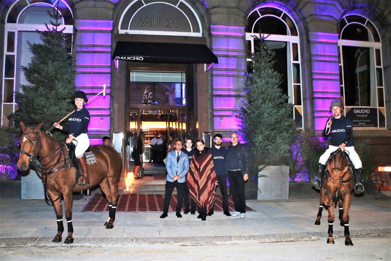 Elegant event entrance at Gaucho Liverpool with mounted riders, perfect for upscale gatherings. - Banner
