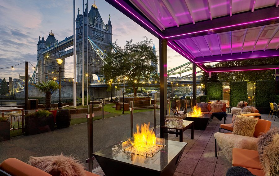 Stylish outdoor event space at The Tower Hotel with Tower Bridge backdrop, perfect for receptions.