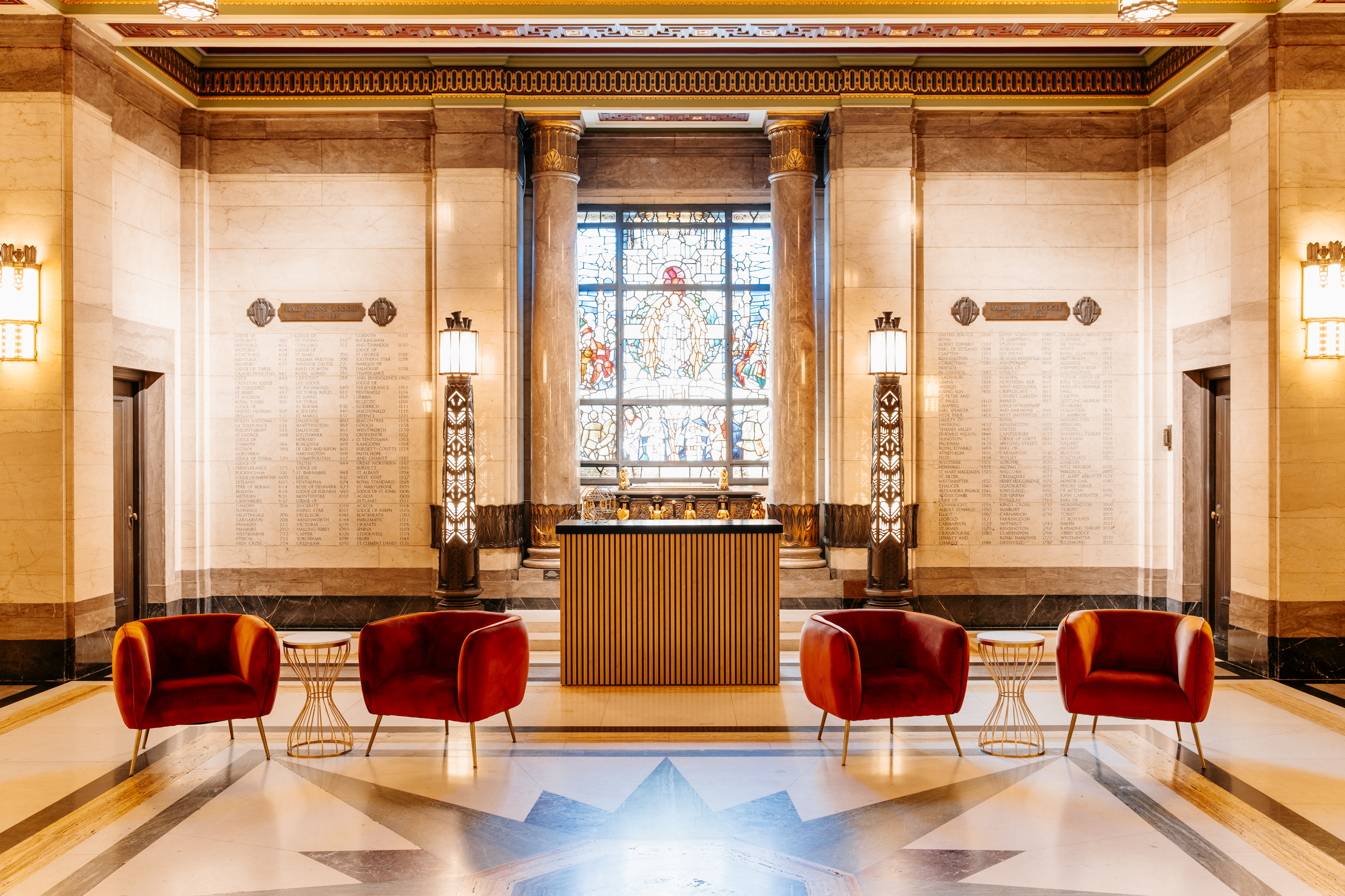 Neoclassical foyer at 60 Great Queen Street with stained glass for event registration and VIPs.