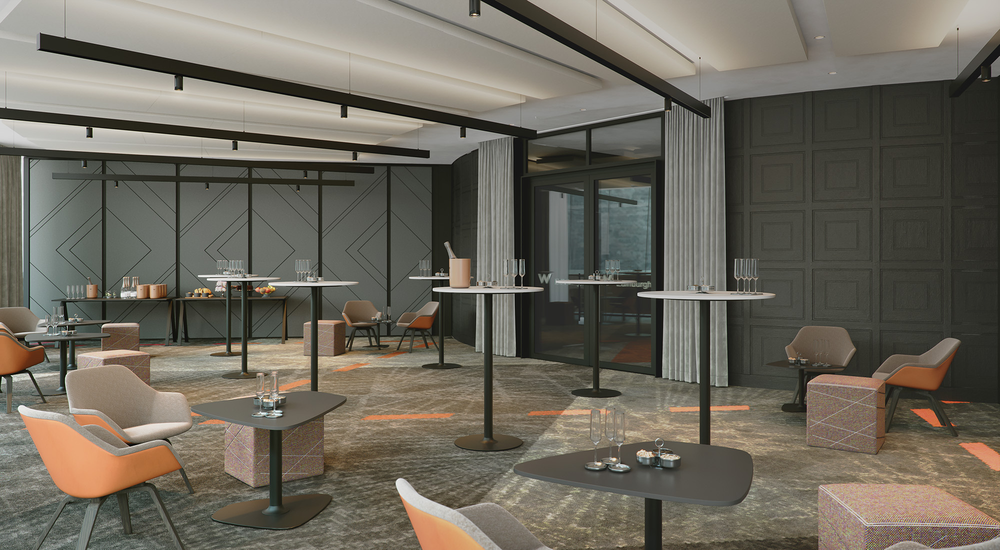 Modern event space in W Edinburgh with high-top tables for networking gatherings.