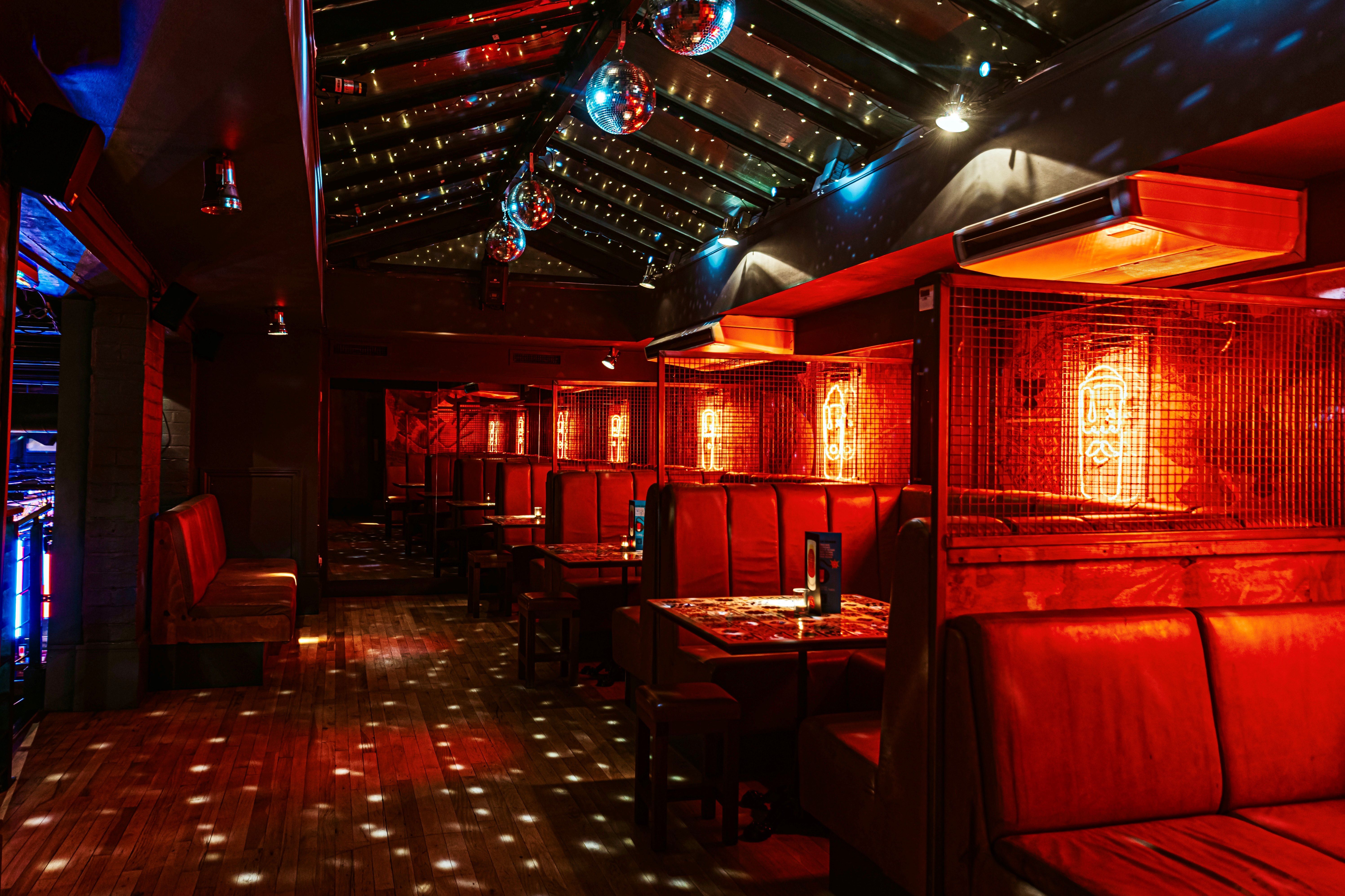 Mezzanine Bar in Baa Bar Nottingham, vibrant event space with disco balls for parties. - Banner