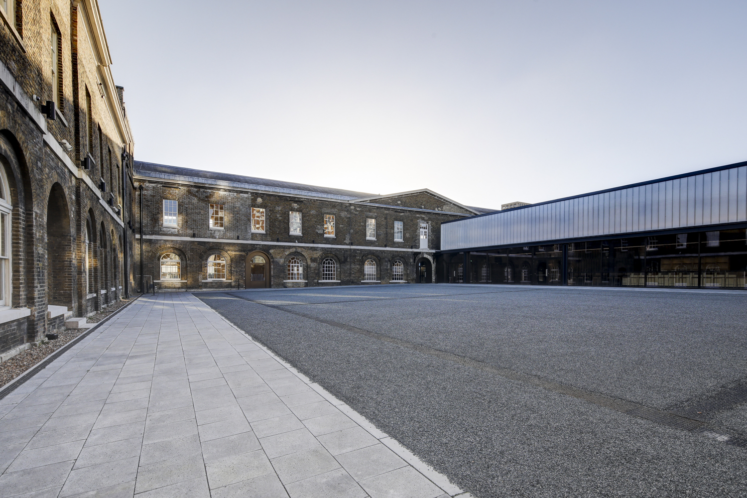 Versatile outdoor event space at Woolwich Works with historic architecture and modern design.