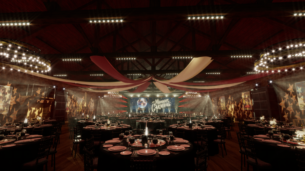 Elegant round tables set for dining at a Christmas party in The Brewery event space.