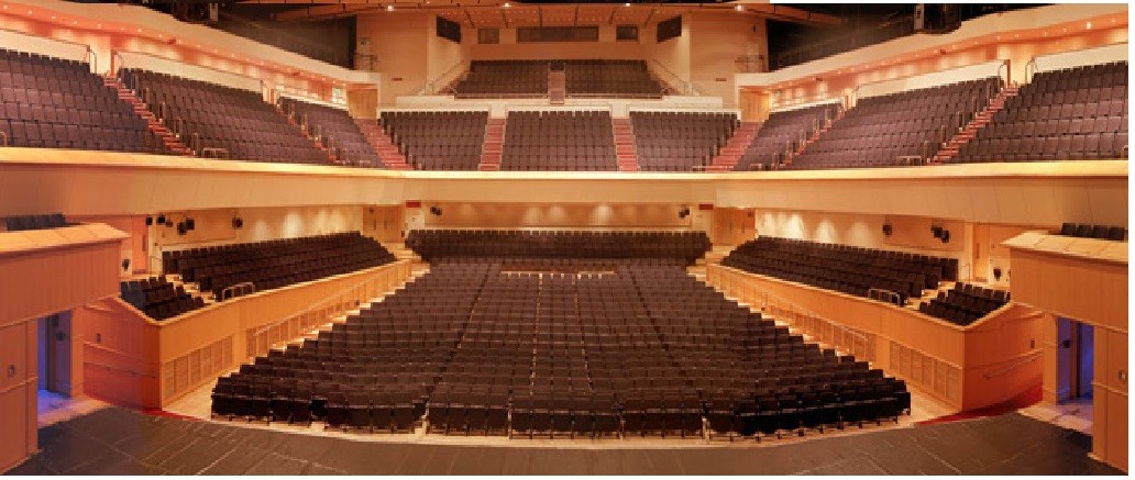 Main Auditorium in Glasgow Royal Concert Hall with tiered seating for events and conferences. - Banner
