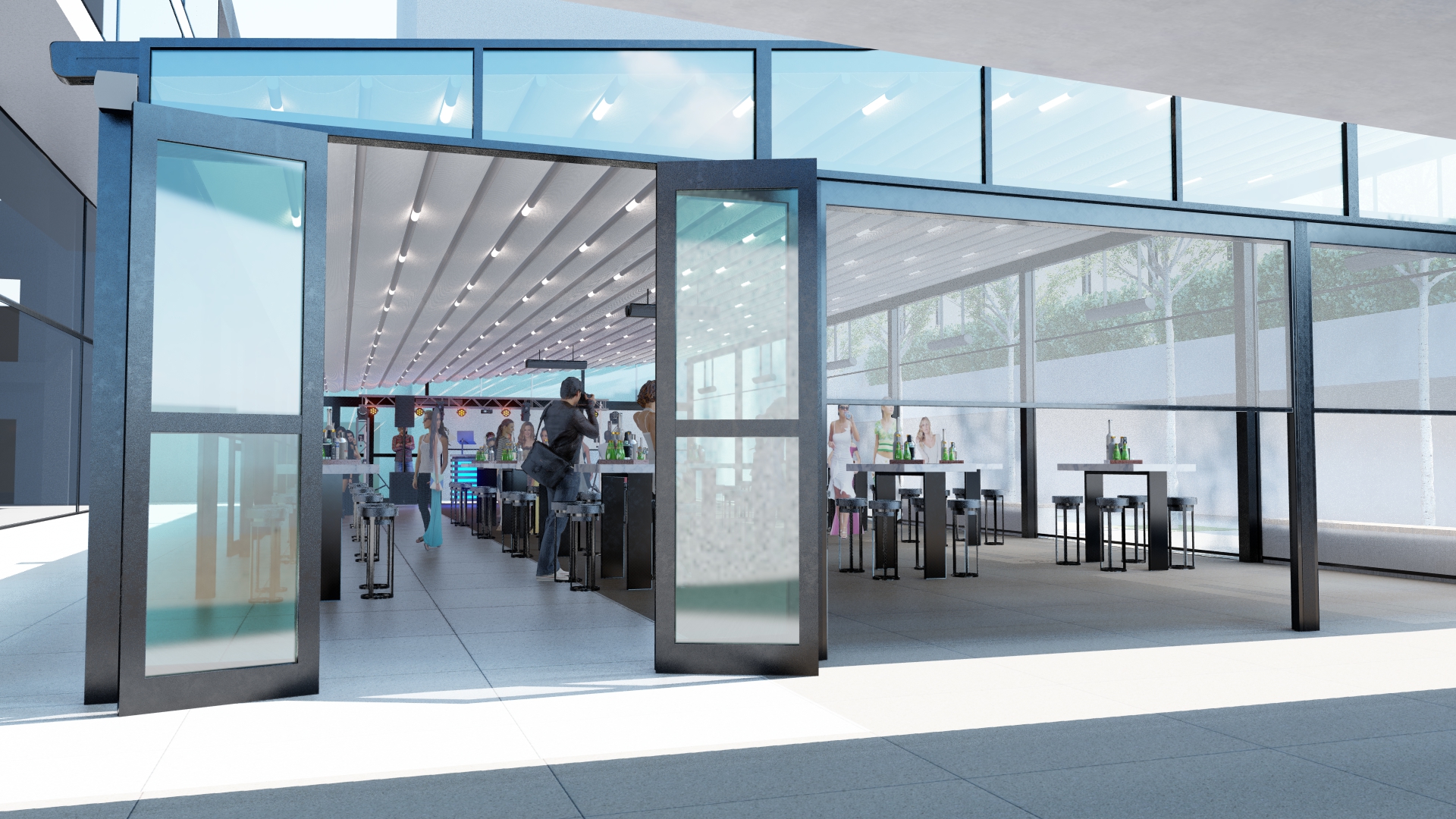 Modern event space at JW3 with glass doors, ideal for networking and receptions. - Banner