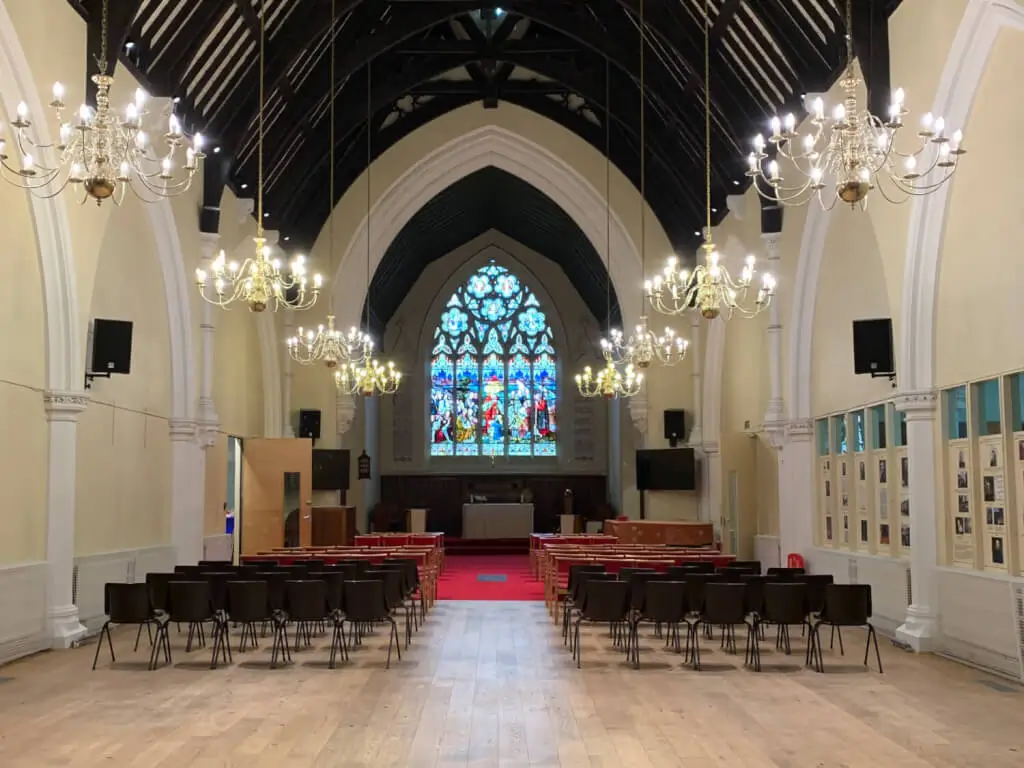 St. Peter's Hall with high ceilings, ideal for meetings and ceremonies.