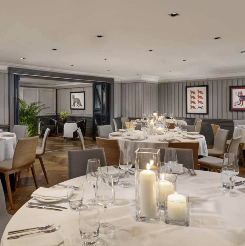 The Gallery at Holmes Hotel London: intimate banquet setup for corporate dinners and networking.