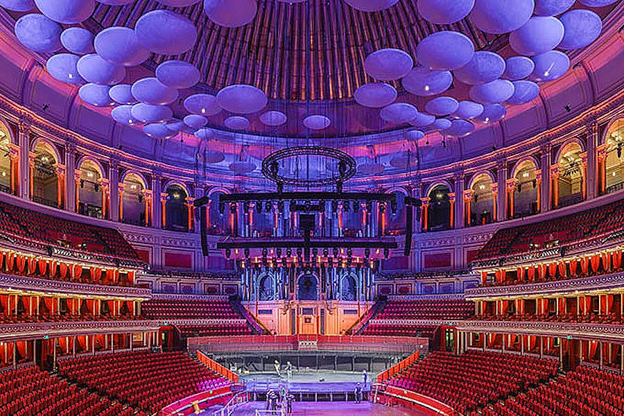 Royal Albert Hall concert venue with grand architecture and vibrant lighting. - Banner