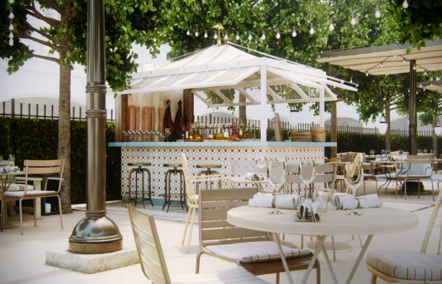 Stylish outdoor event venue with elegant seating and vibrant bar in La Terrazza.