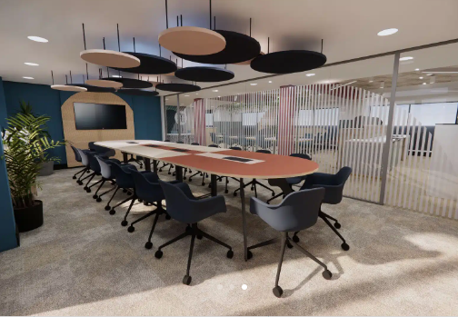 Modern conference room with sleek table and ergonomic chairs for productive meetings.