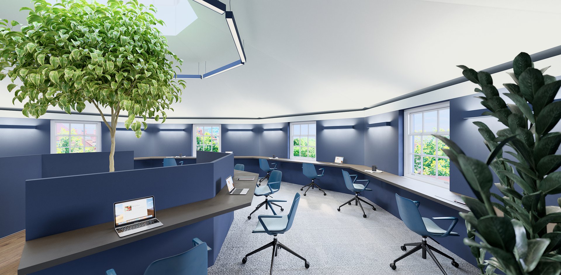 Modern meeting space with flexible seating for workshops and brainstorming sessions. - Banner