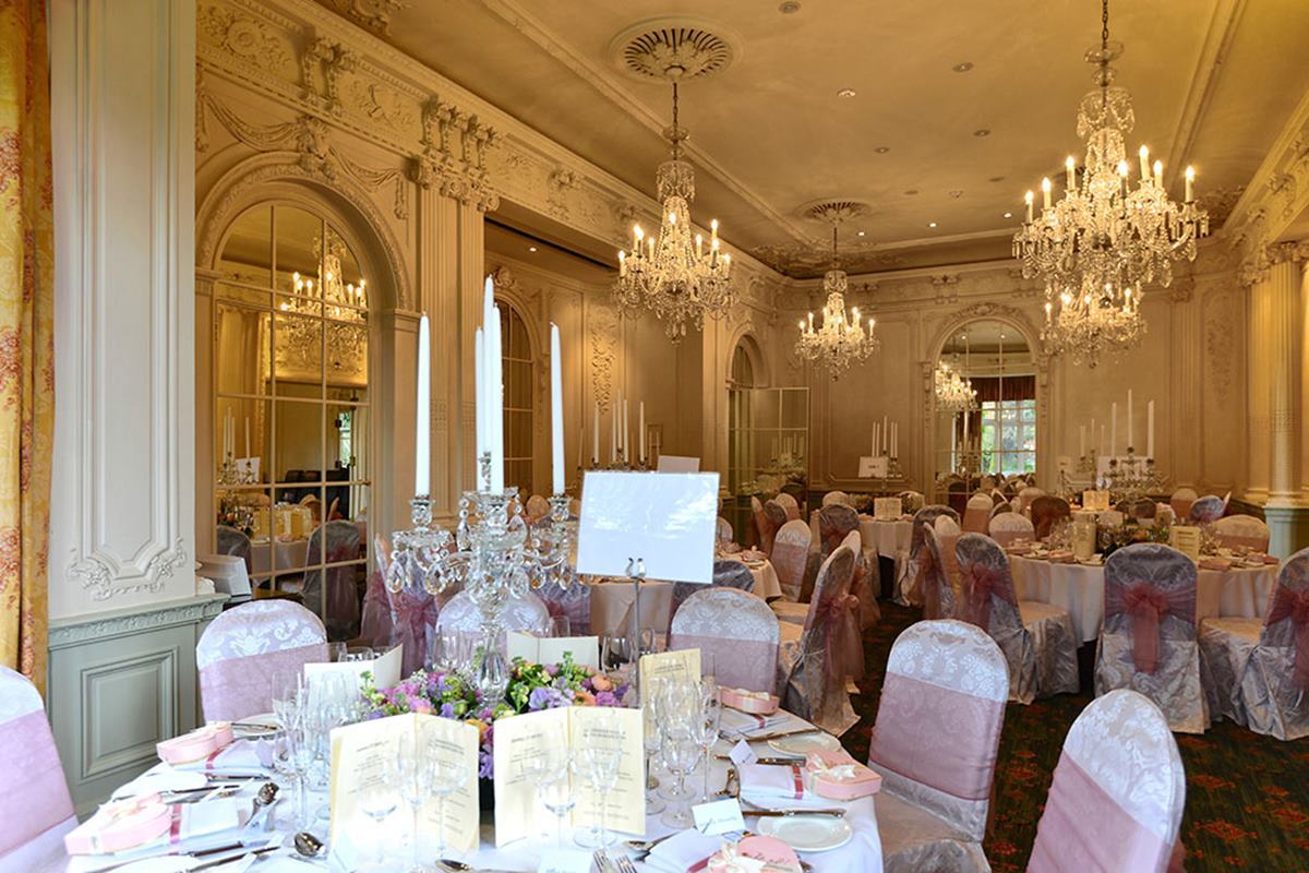 Elegant banquet hall at Warren House Hotel, perfect for weddings and upscale events.